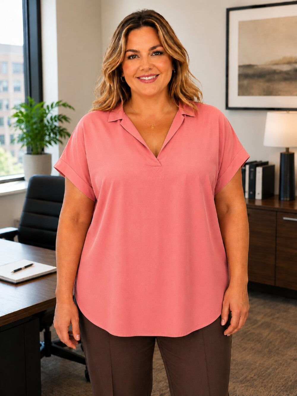 GAP NWT Short Sleeve Collared V-Neck Peachy Pink Blouse XL